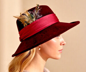 Vintage 1980s Burgandy Betmar Fedora 100 % wool satin ribbon feathers